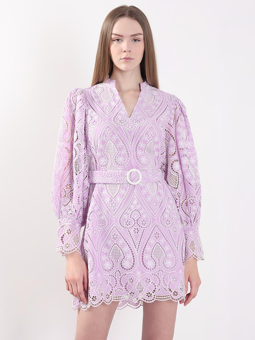 Lilac Schiffli Embroidered Mini Dress