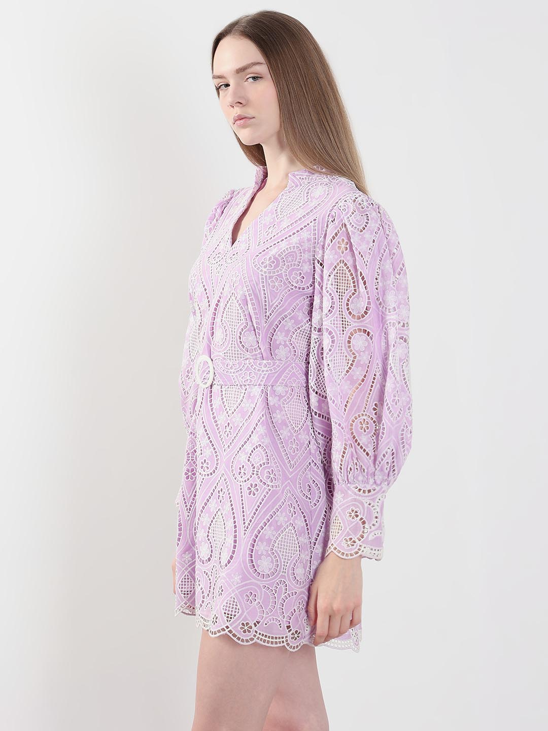 Lilac Schiffli Embroidered Mini Dress