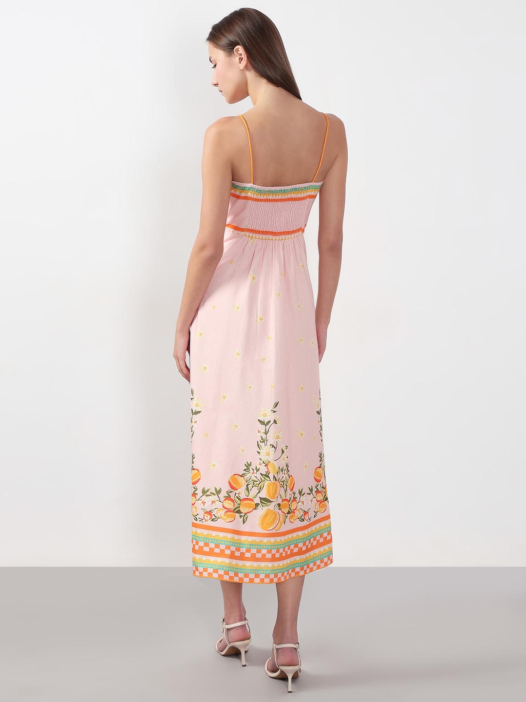 Vero Moda Peach Pink Printed Strappy Midi Dress