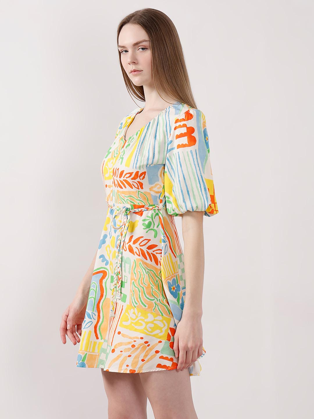 Vero Moda White Printed Puff Sleeves Dress