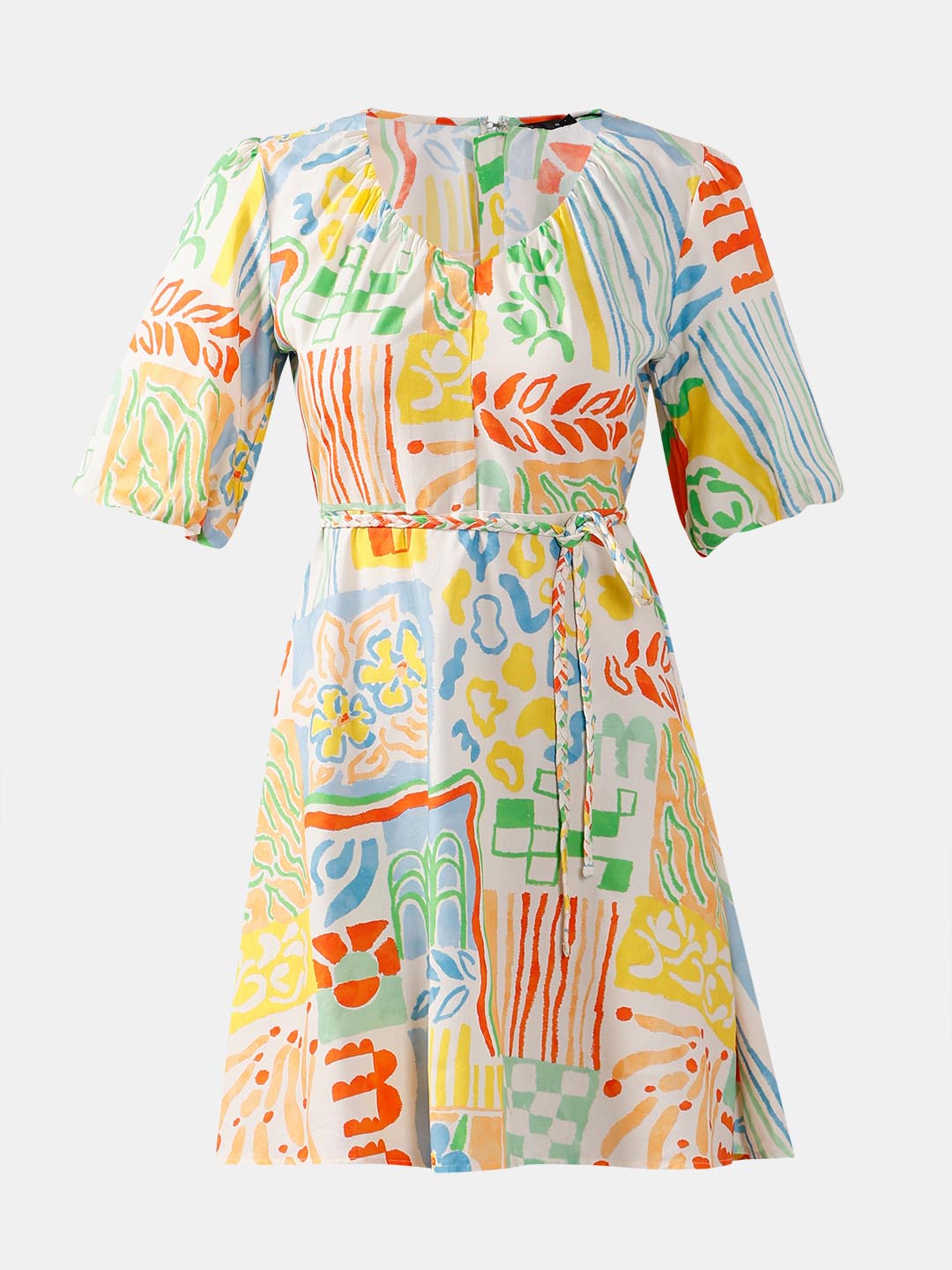 Vero Moda White Printed Puff Sleeves Dress