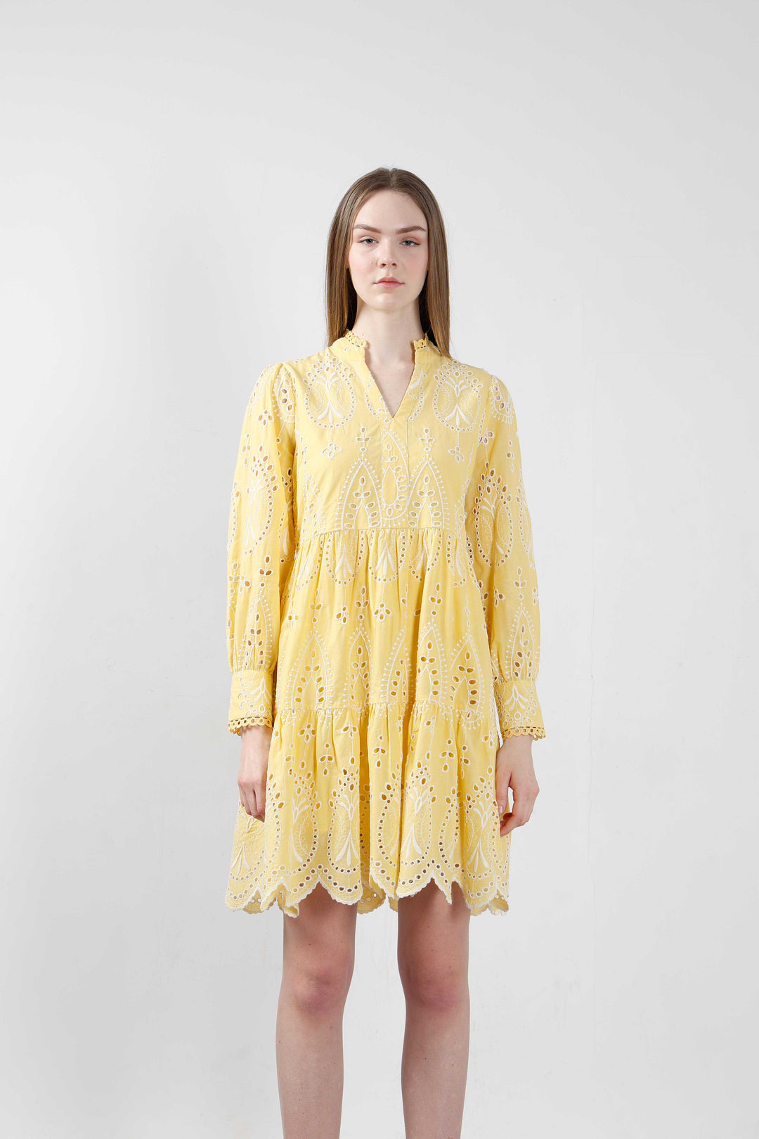 Vero Moda Yellow Schiffli Embroidered Dress