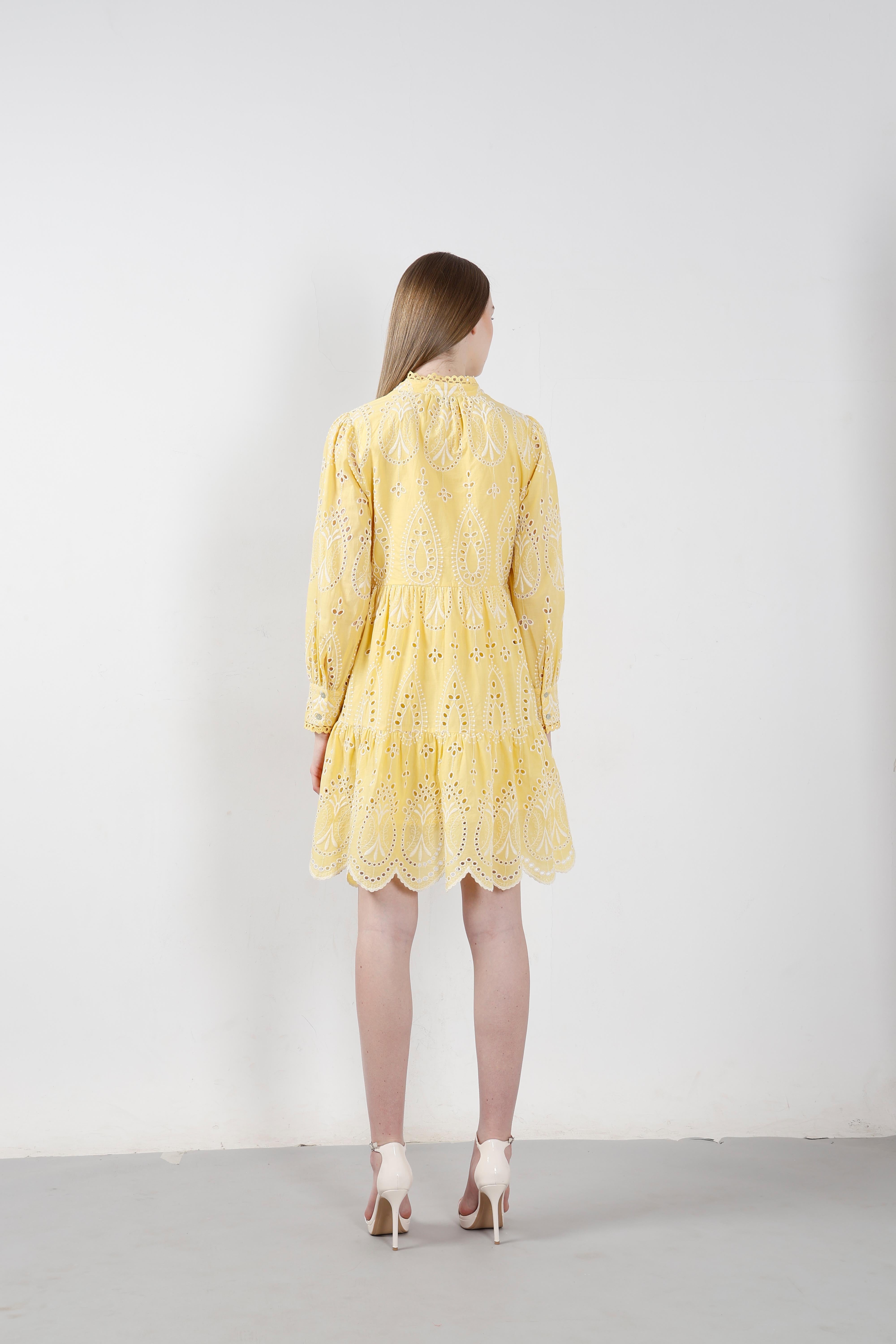 Vero Moda Yellow Schiffli Embroidered Dress