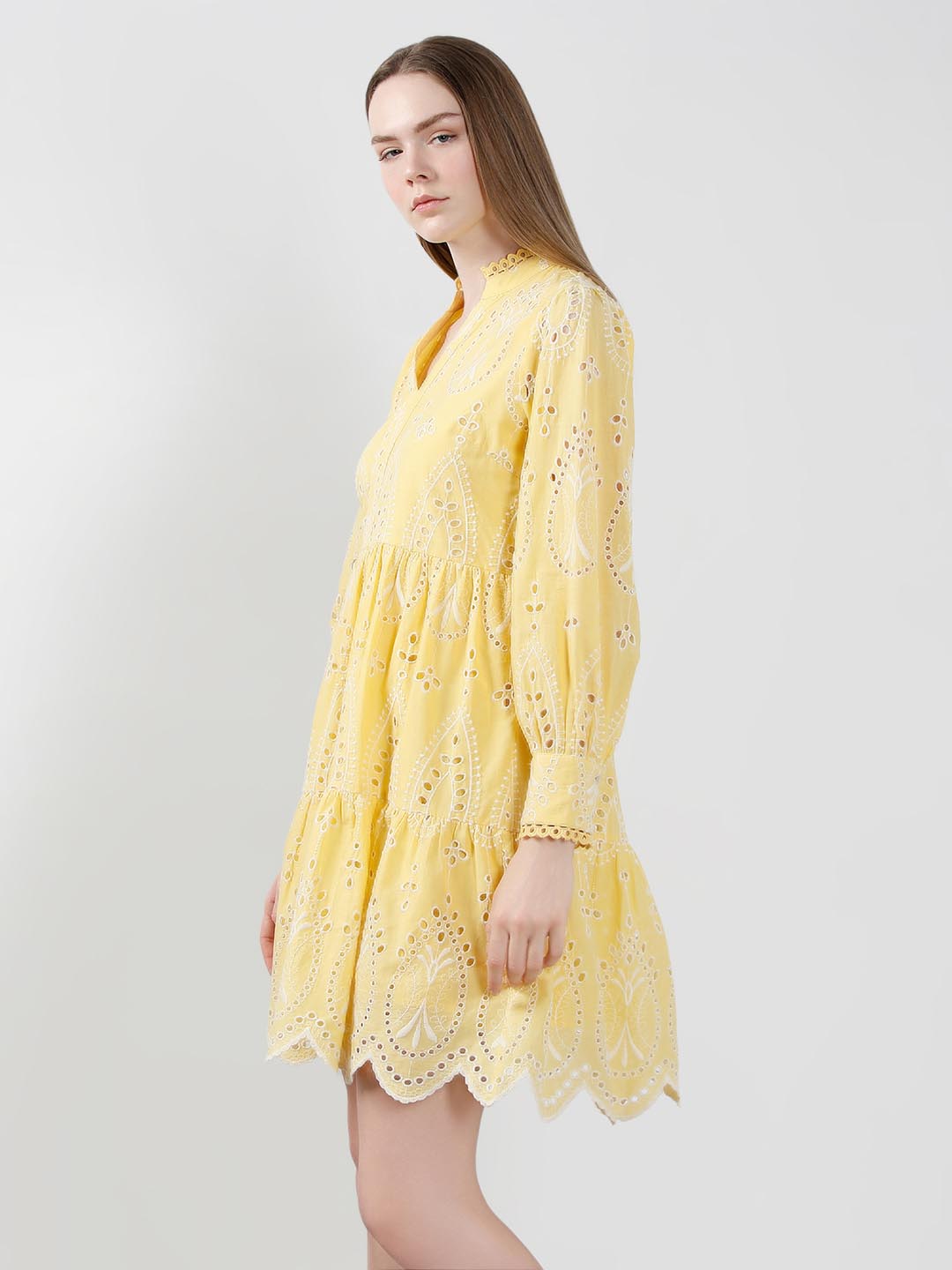 Vero Moda Yellow Schiffli Embroidered Dress
