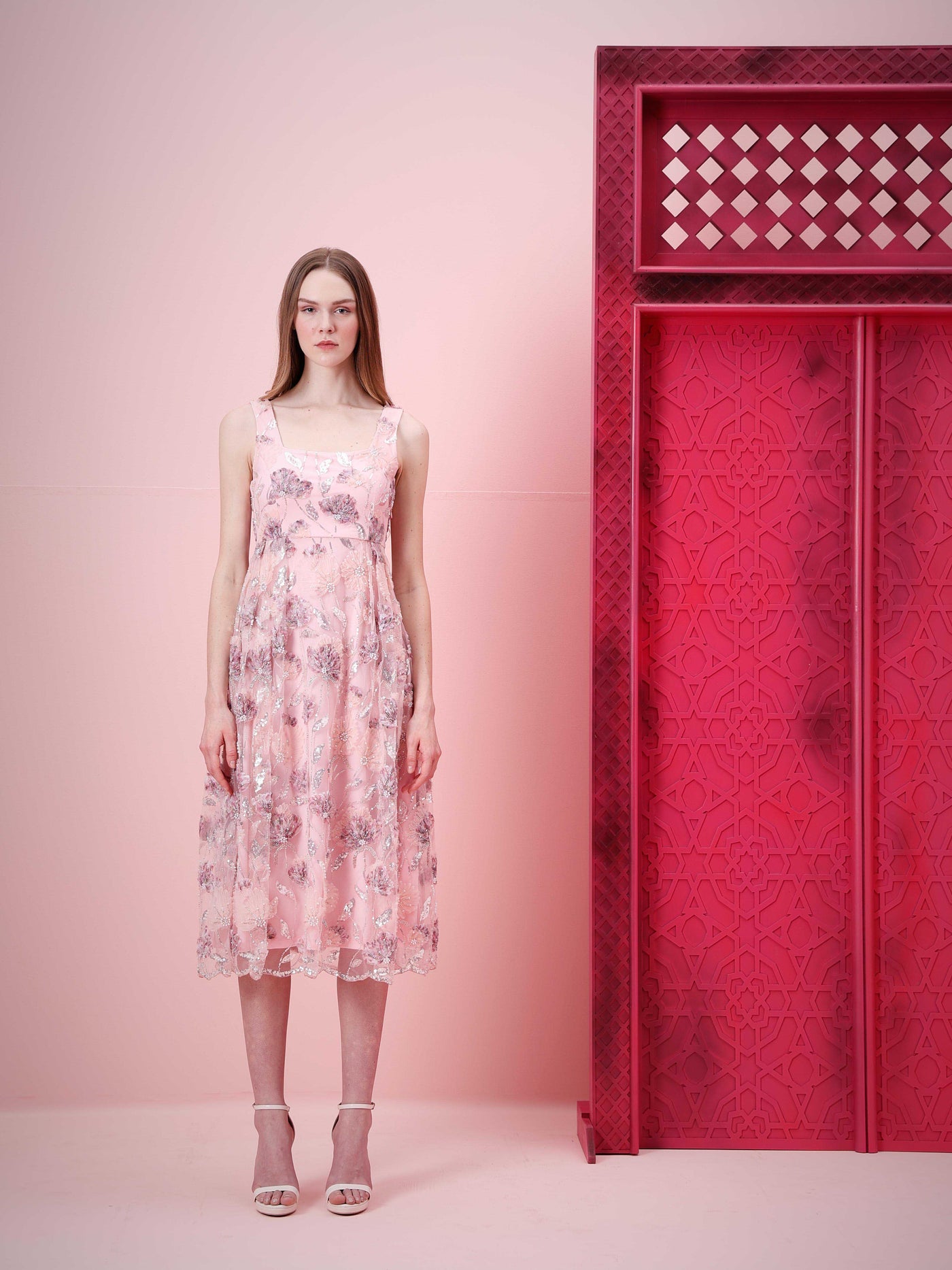 Marquee Pink Floral Embroidered Midi Dress