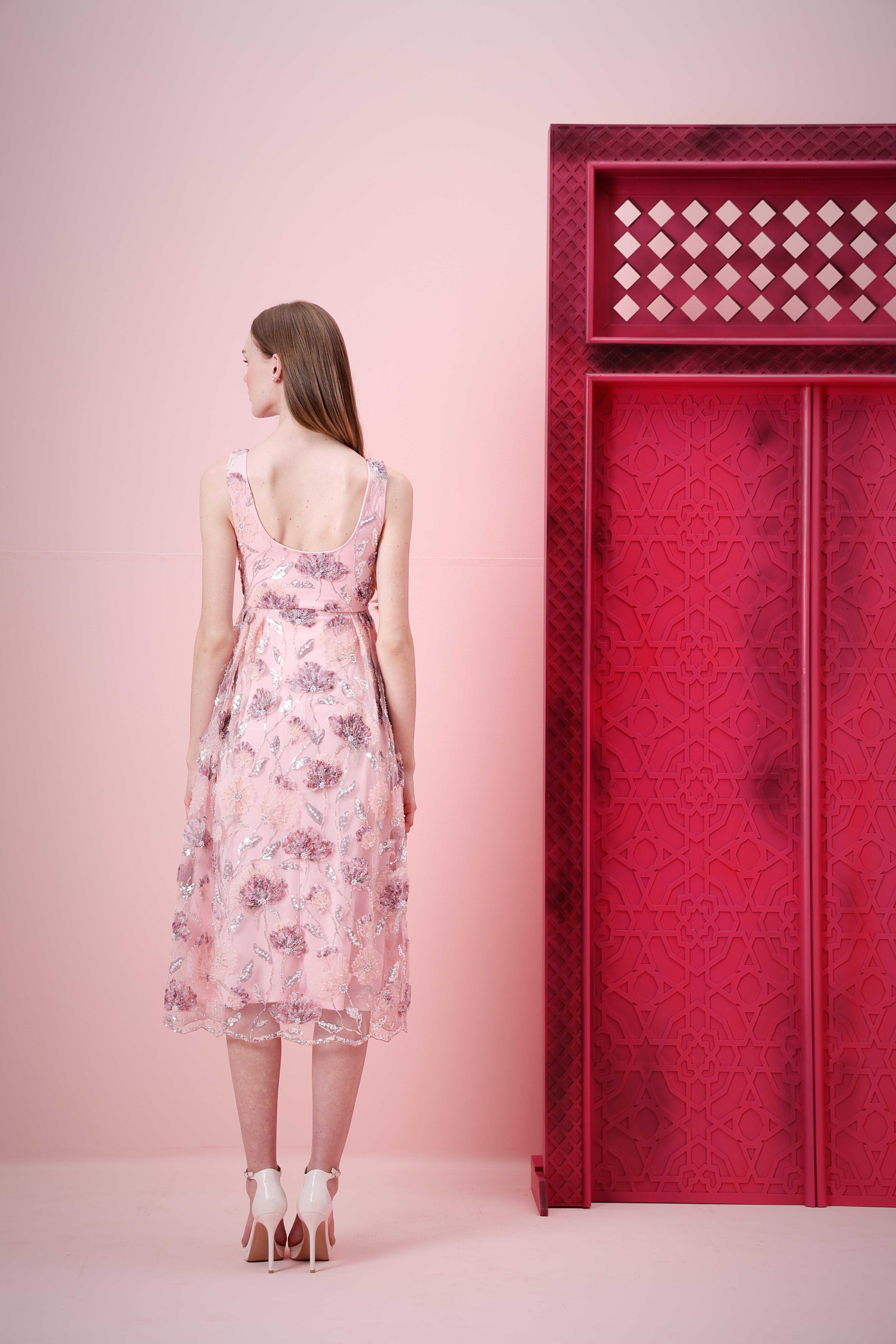 Marquee Pink Floral Embroidered Midi Dress