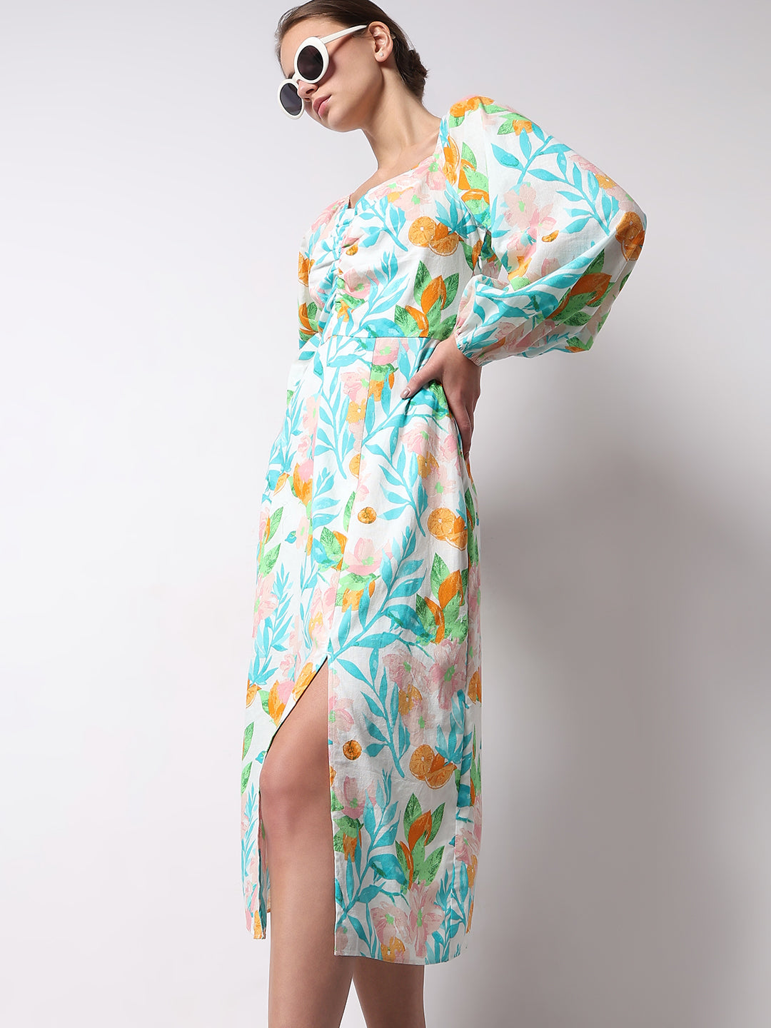Blue & White Printed Midi Dress