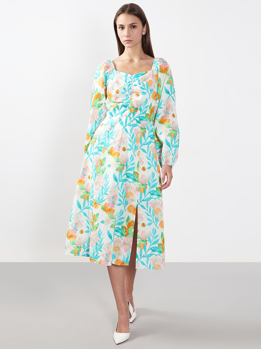 Blue & White Printed Midi Dress