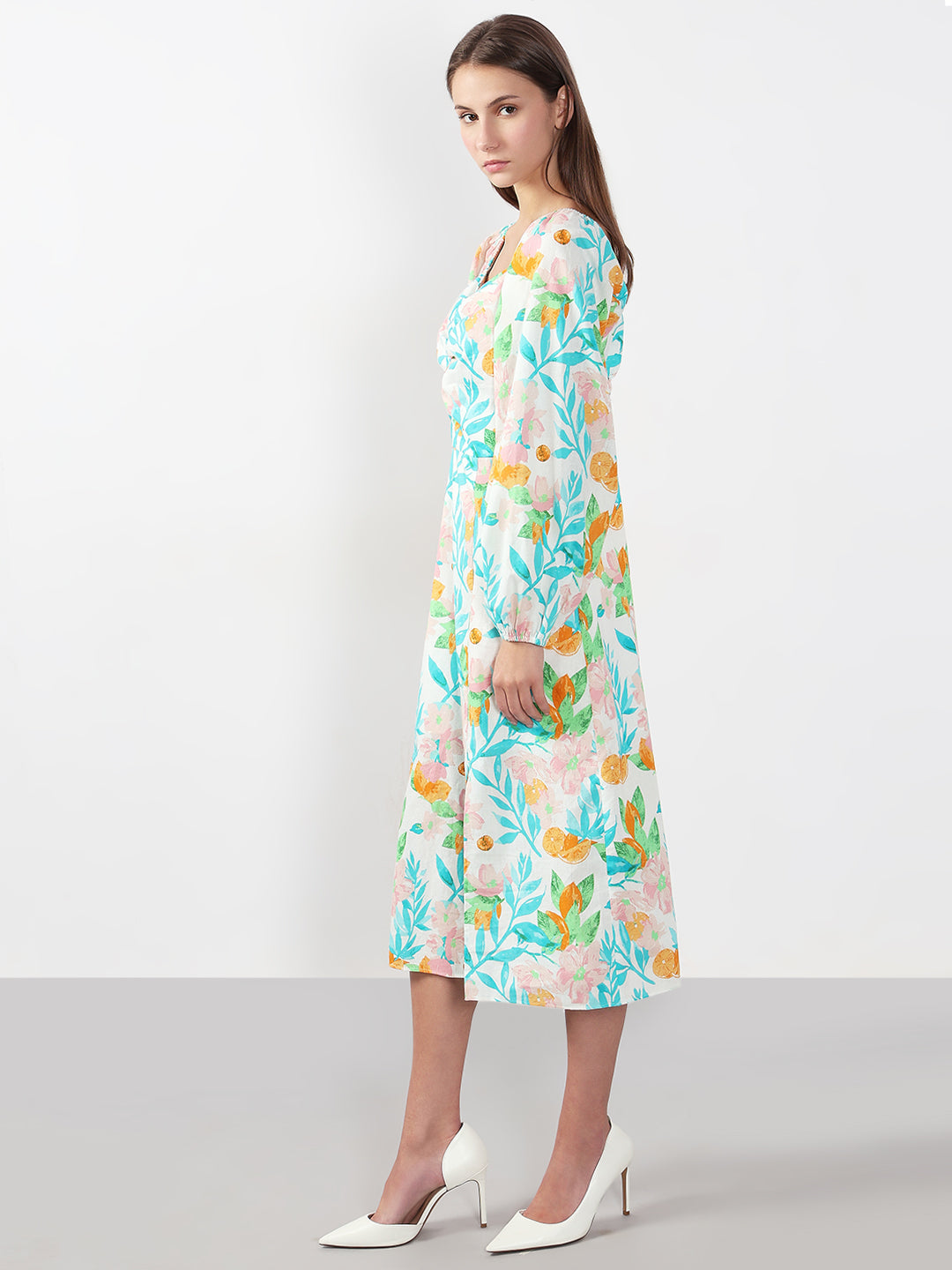 Blue & White Printed Midi Dress