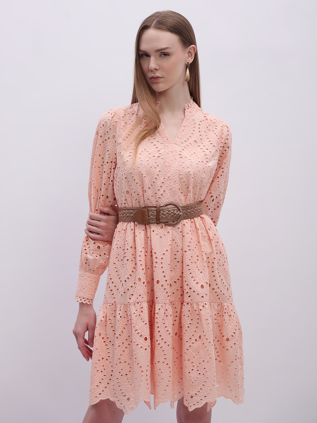 Peach Schiffli Embroidered Dress
