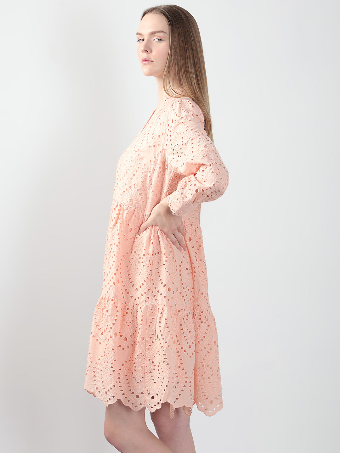 Peach Schiffli Embroidered Dress