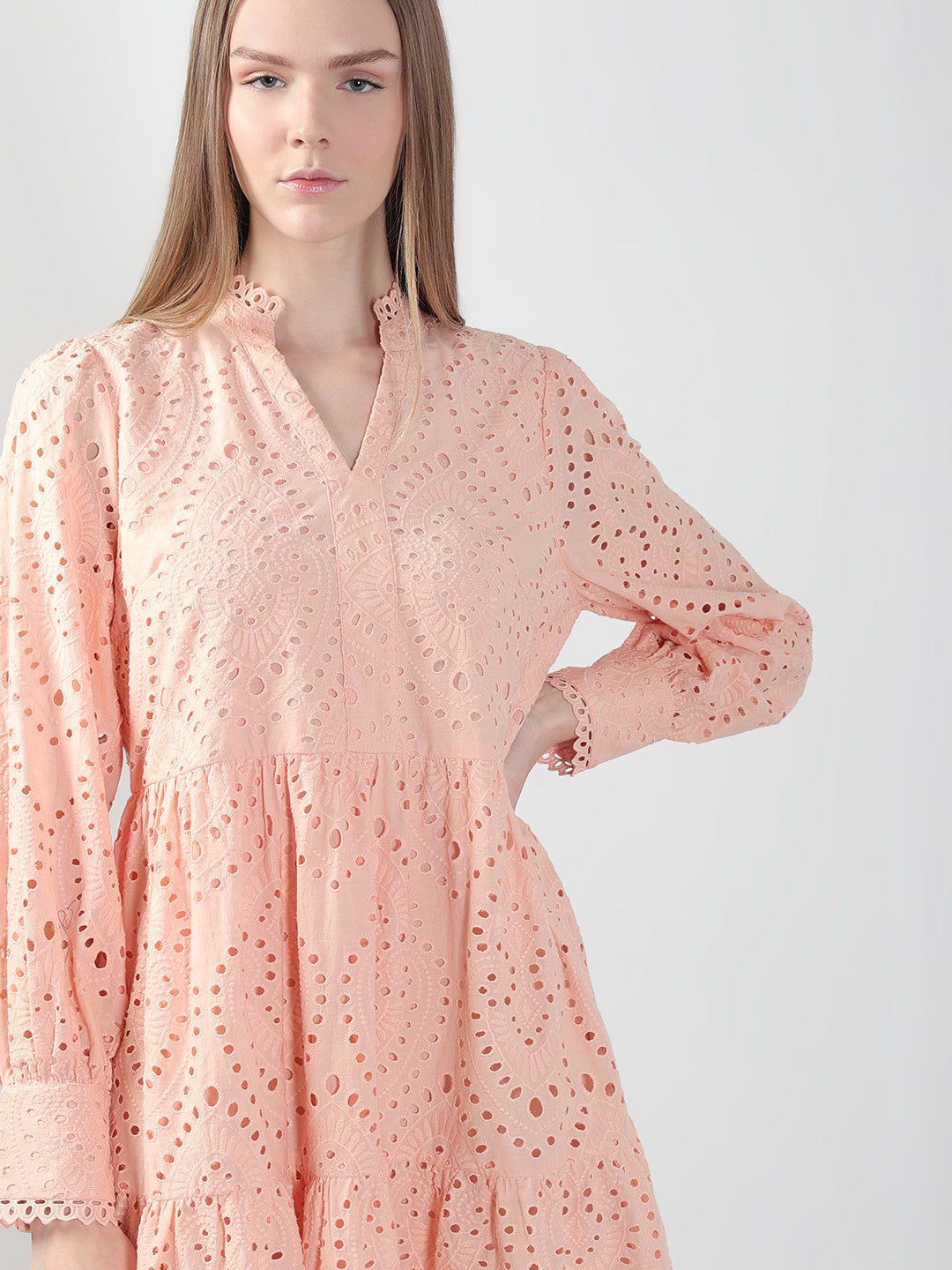 Peach Schiffli Embroidered Dress