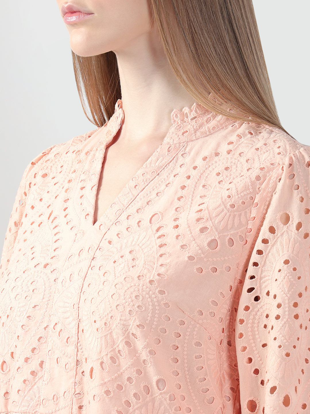 Peach Schiffli Embroidered Dress