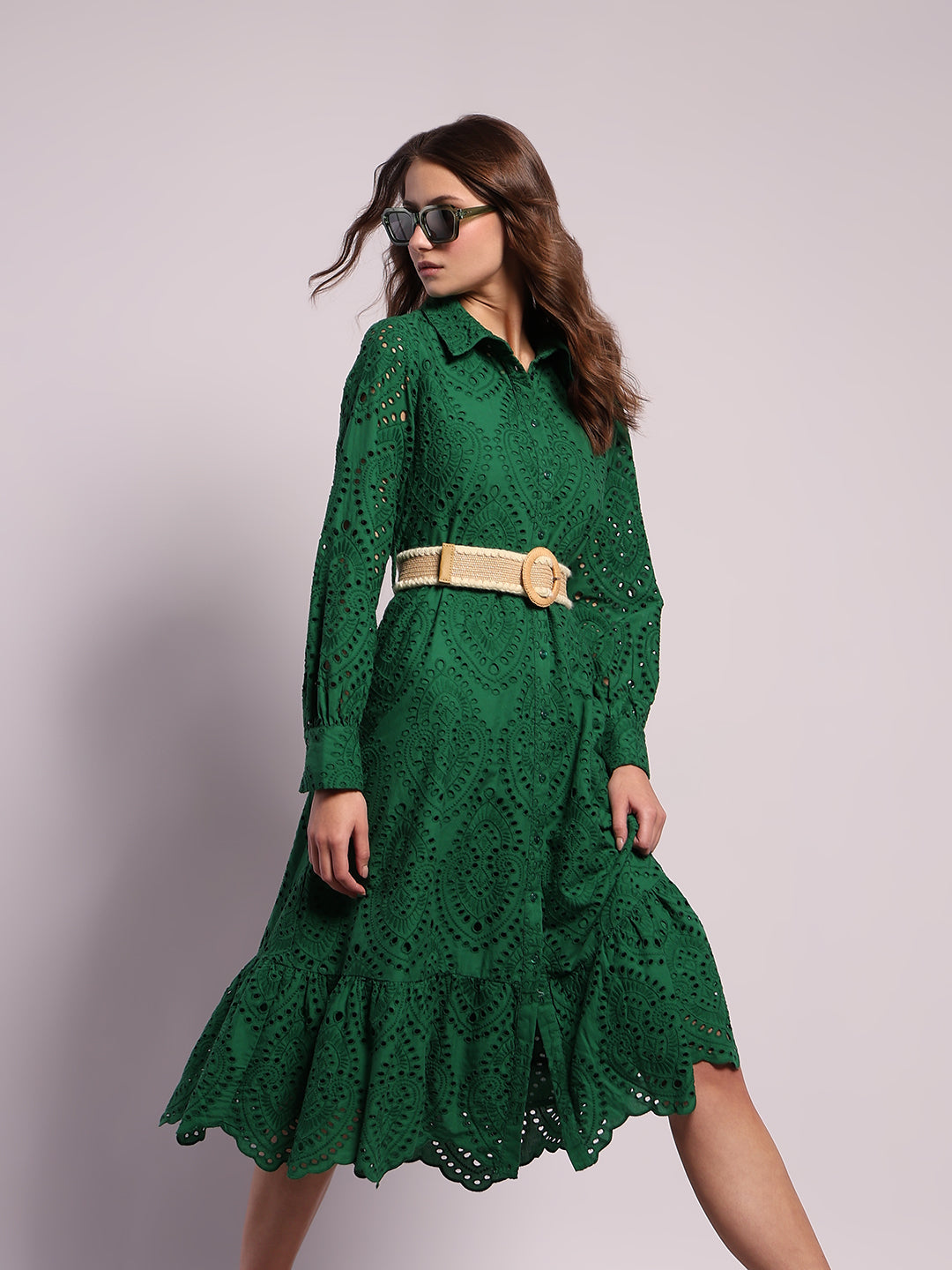 Green Schiffli Embroidered Midi Dress