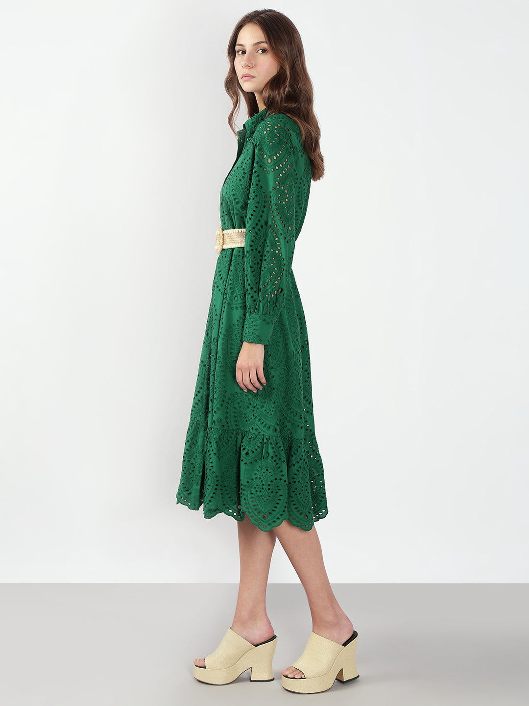 Green Schiffli Embroidered Midi Dress