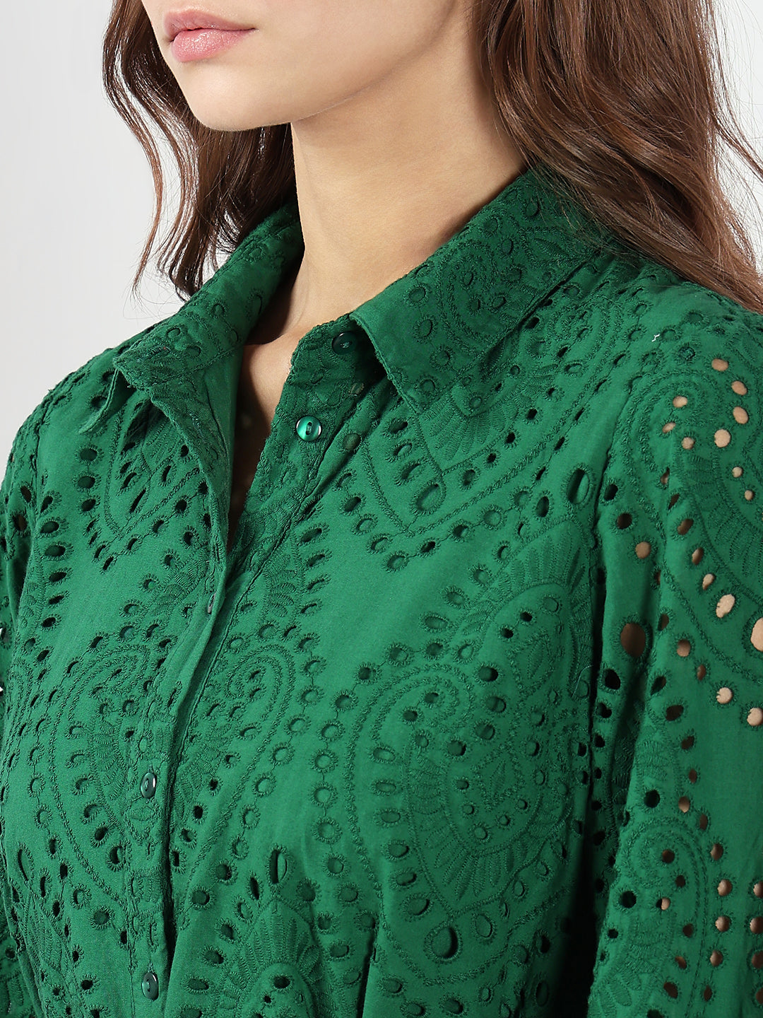 Green Schiffli Embroidered Midi Dress