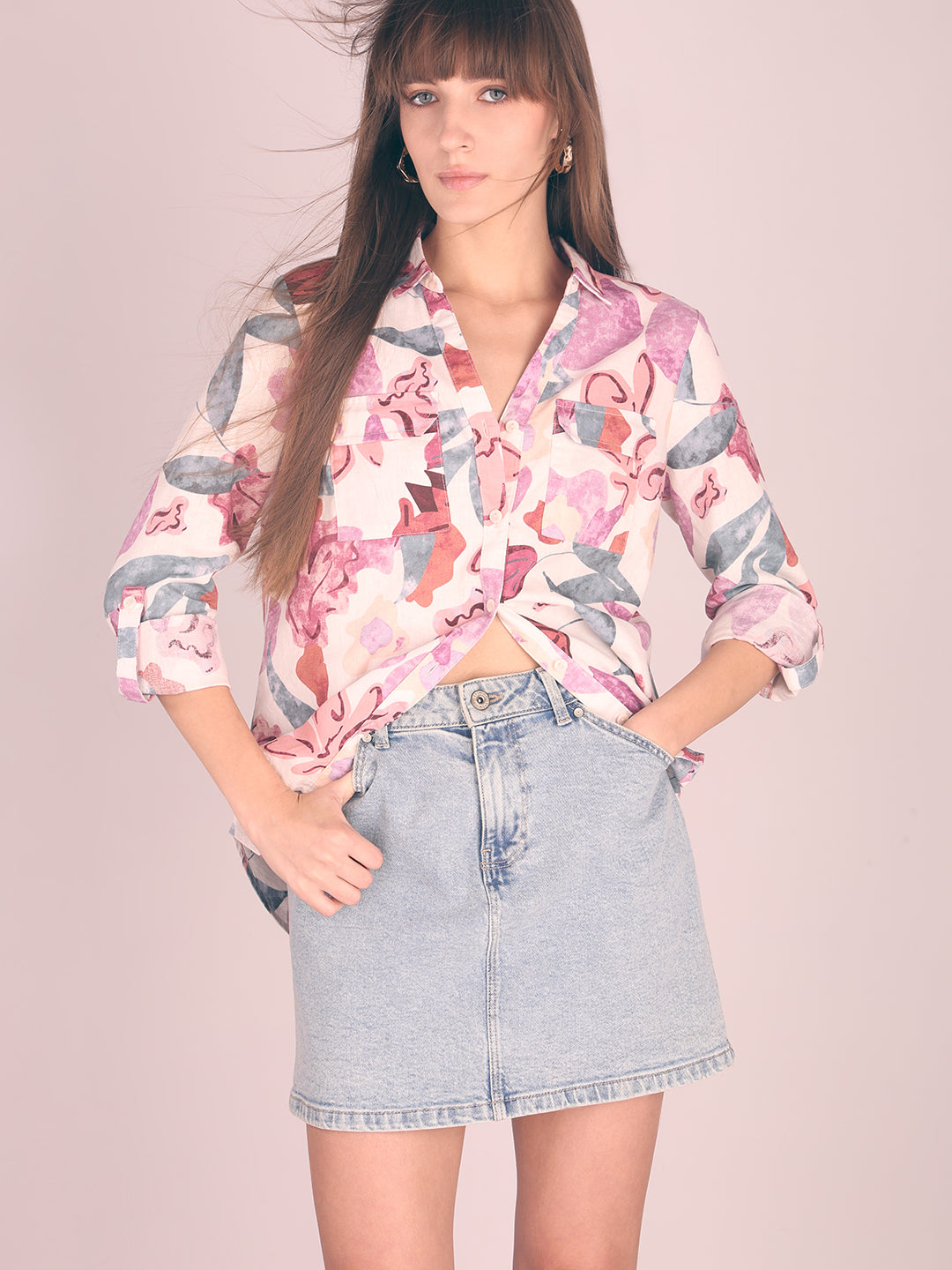 Pink Printed Full Sleeves Shirt