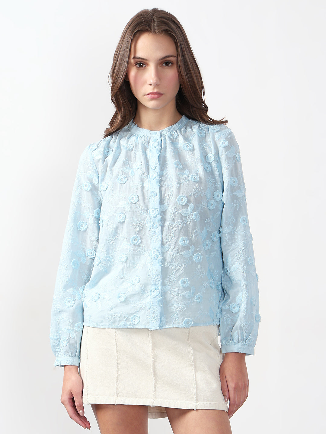 VERO MODA Blue 3D Floral Embroidery Shirt