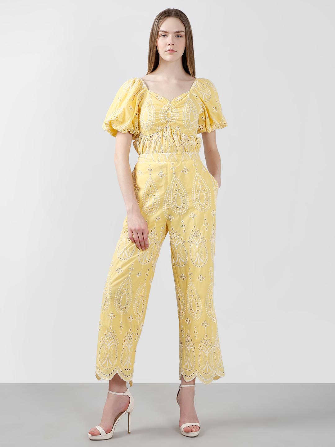Vero Moda Yellow Schiffli Embroidered Pant