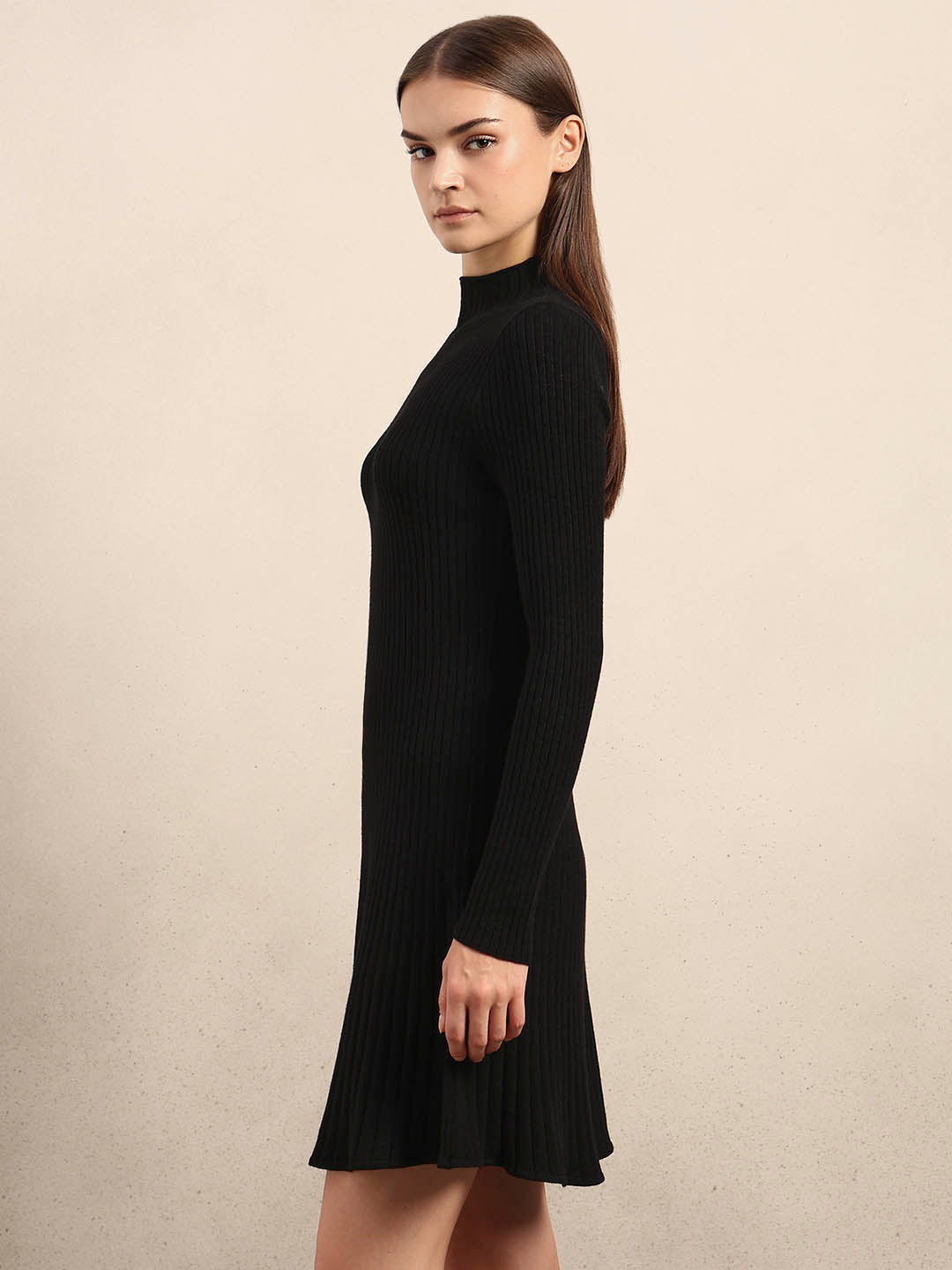 Ribbed Knitted Skater Dress - Black