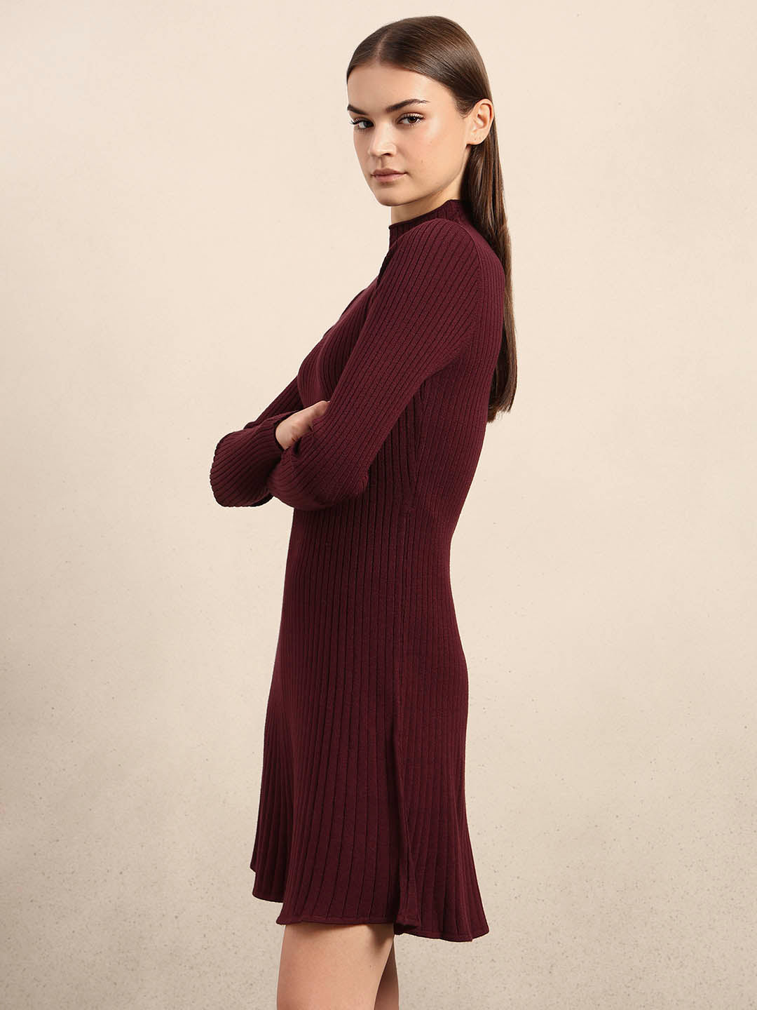 Ribbed Knitted Skater Dress - Red