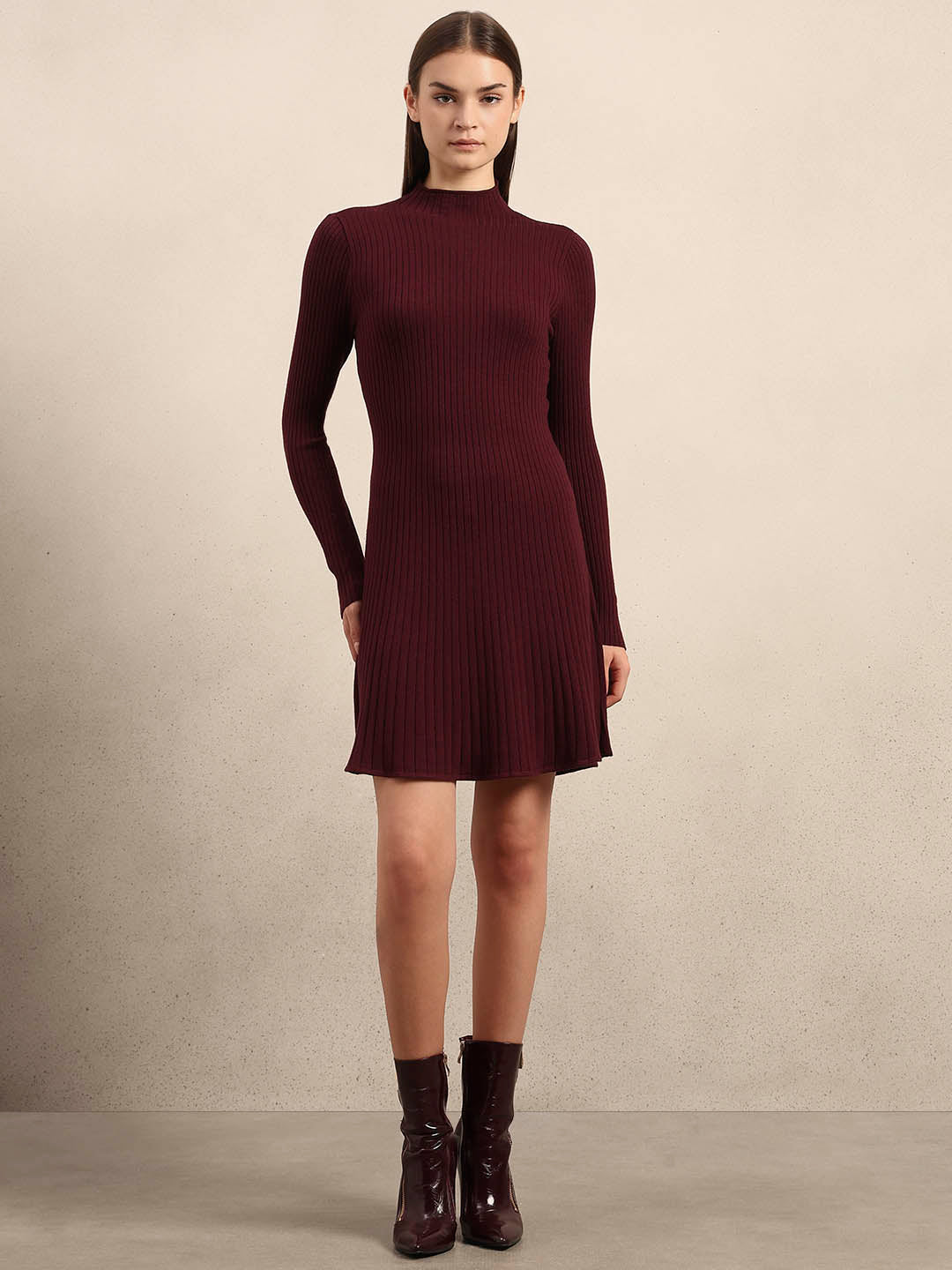 Ribbed Knitted Skater Dress - Red