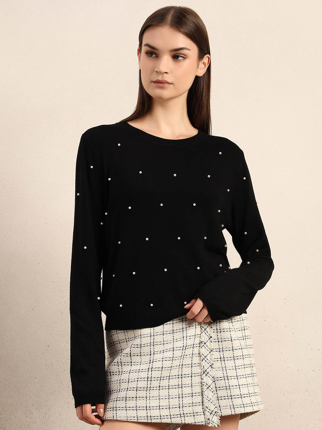 Pearl Embellished O-Neck Pullover
