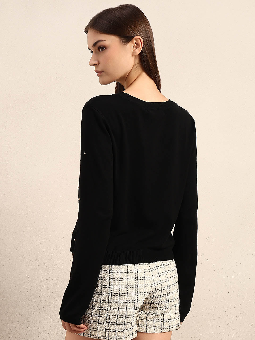 Pearl Embellished O-Neck Pullover