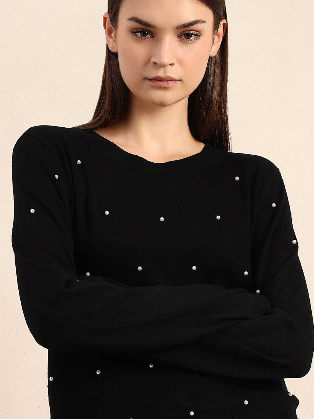 Pearl Embellished O-Neck Pullover