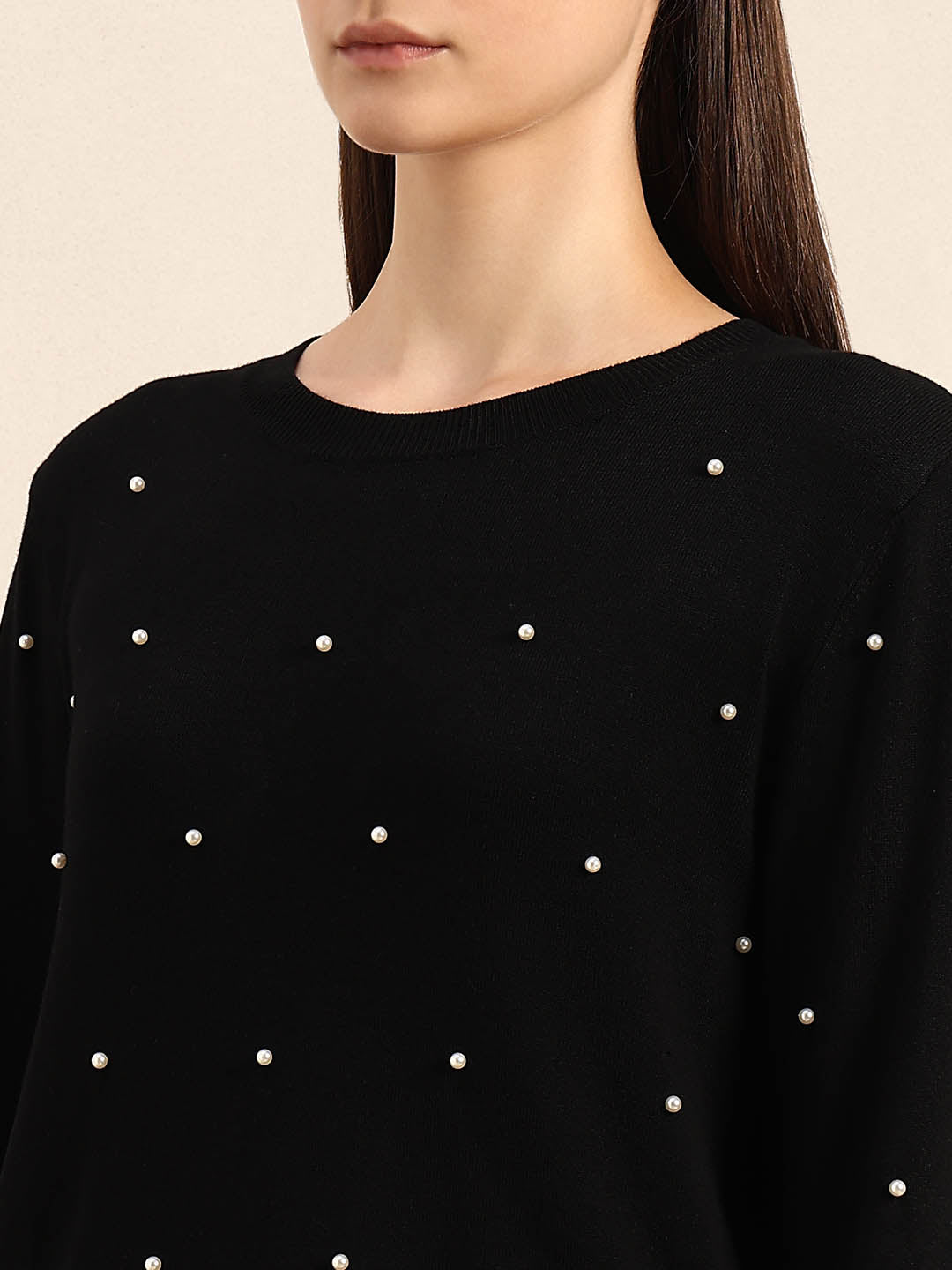 Pearl Embellished O-Neck Pullover