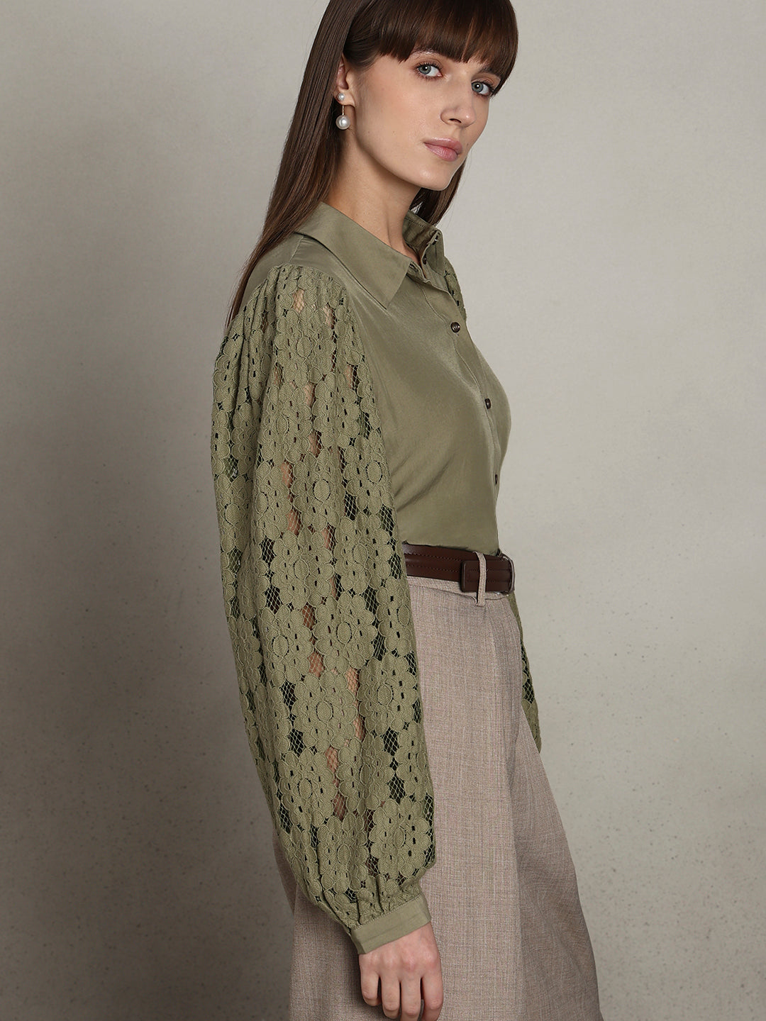 Lace Sleeves Green Shirt - XS