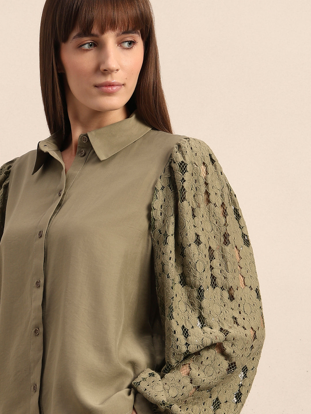 Lace Sleeves Green Shirt
