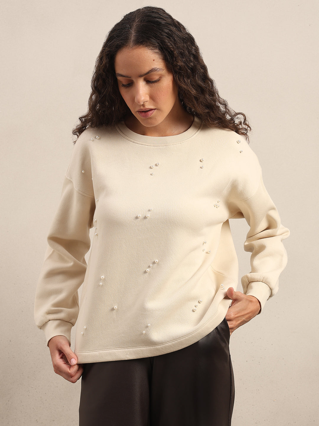 Pearl Embellished Cotton Sweatshirt - Off-White