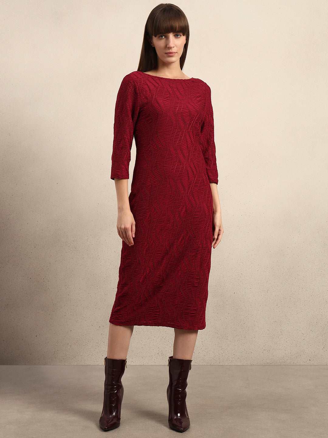 Textured Maroon Midi Dress