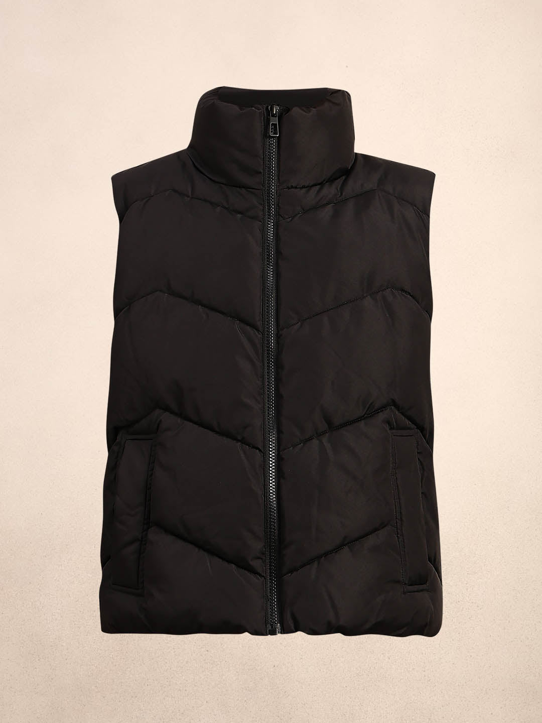 High-Neck Short Puffer Waistcoat - Black