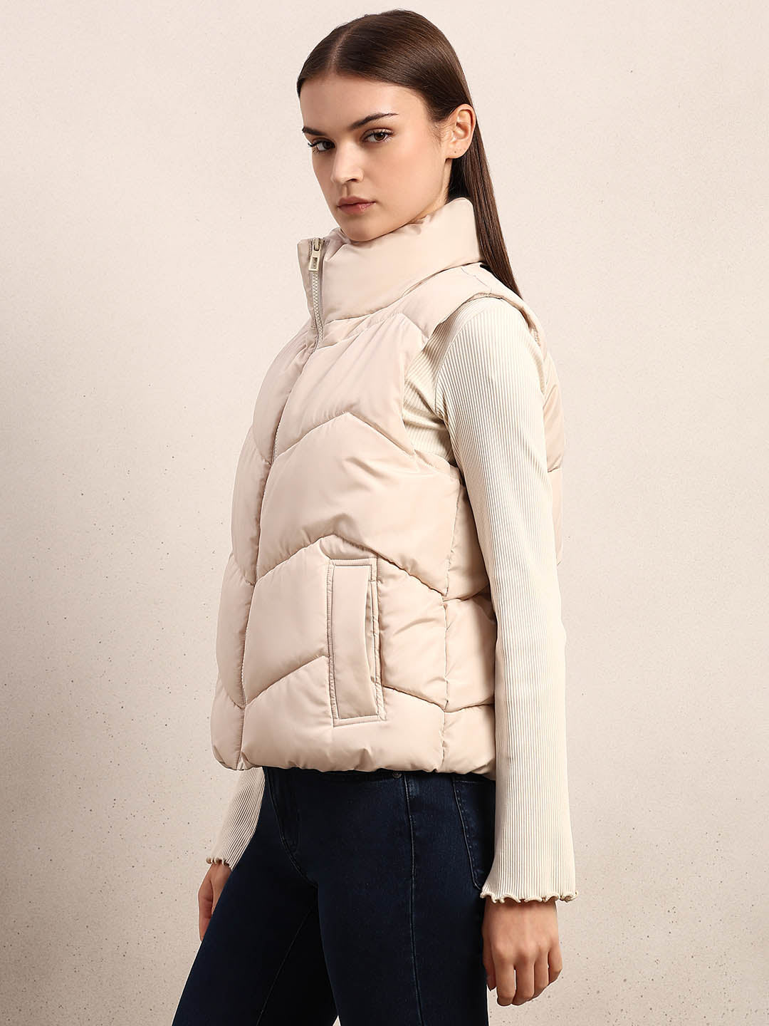High-Neck Short Puffer Waistcoat - Beige