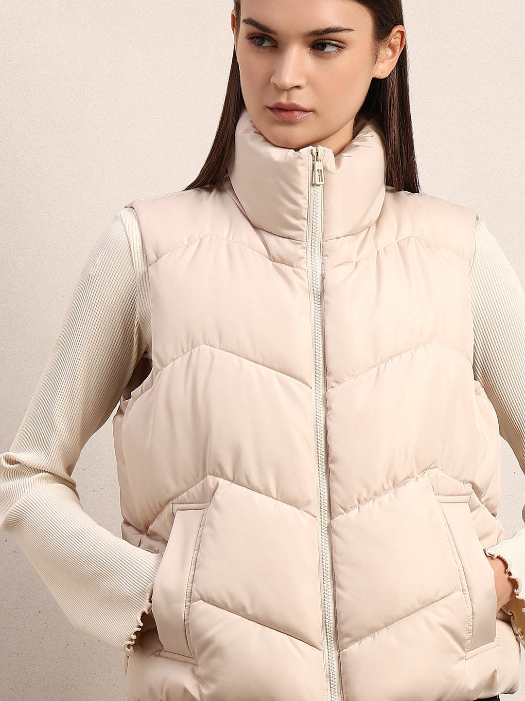 High-Neck Short Puffer Waistcoat - Beige