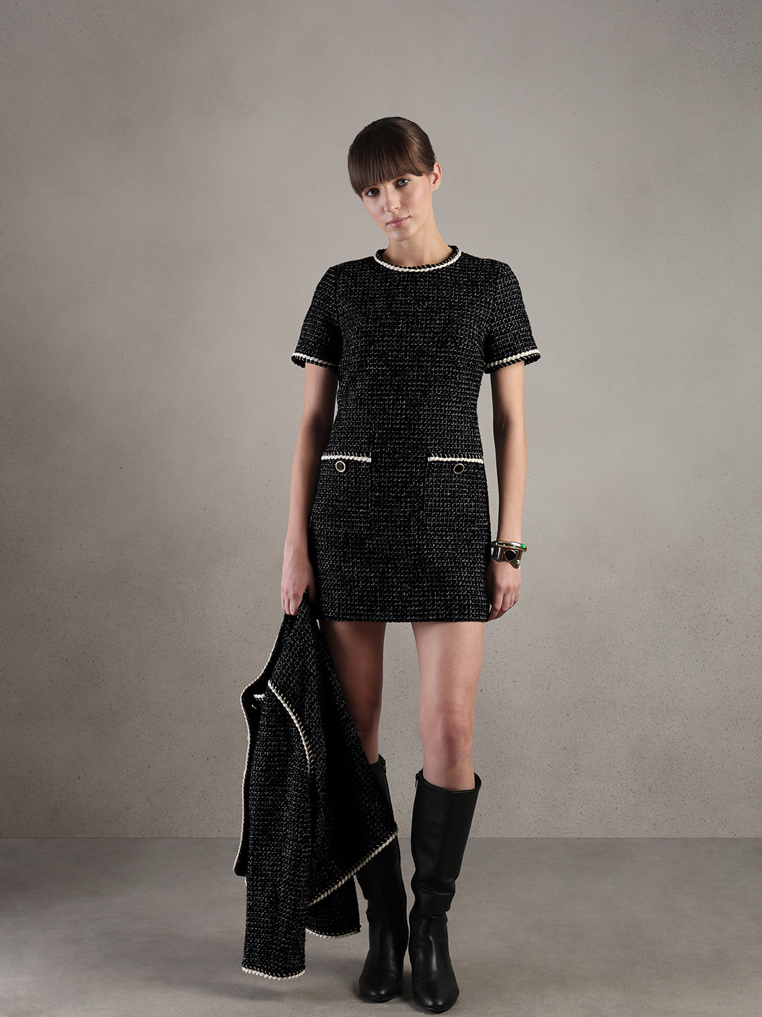 Textured Short Sleeves Mini Dress