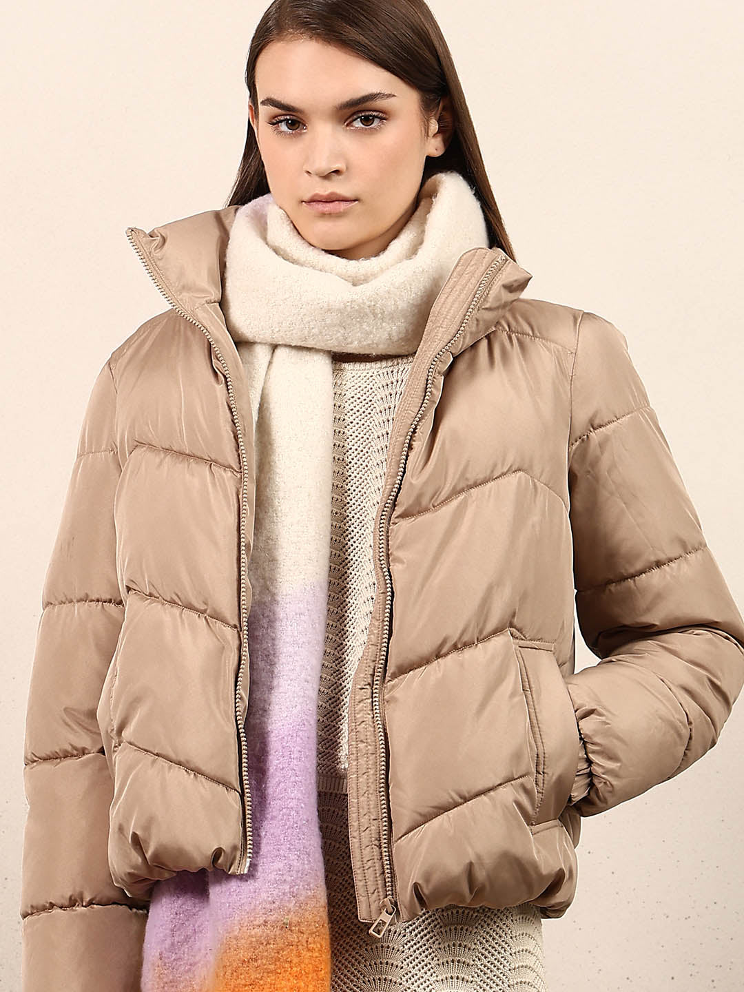 Beige Short Puffer Jacket