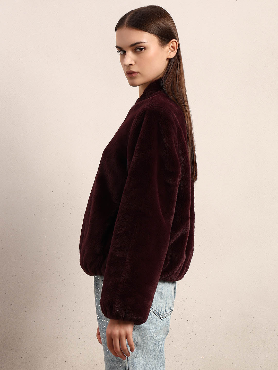 Maroon Faux Fur Short Jacket