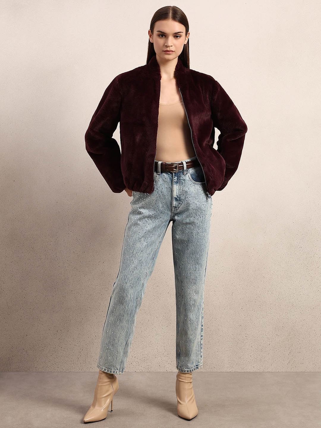 Maroon Faux Fur Short Jacket