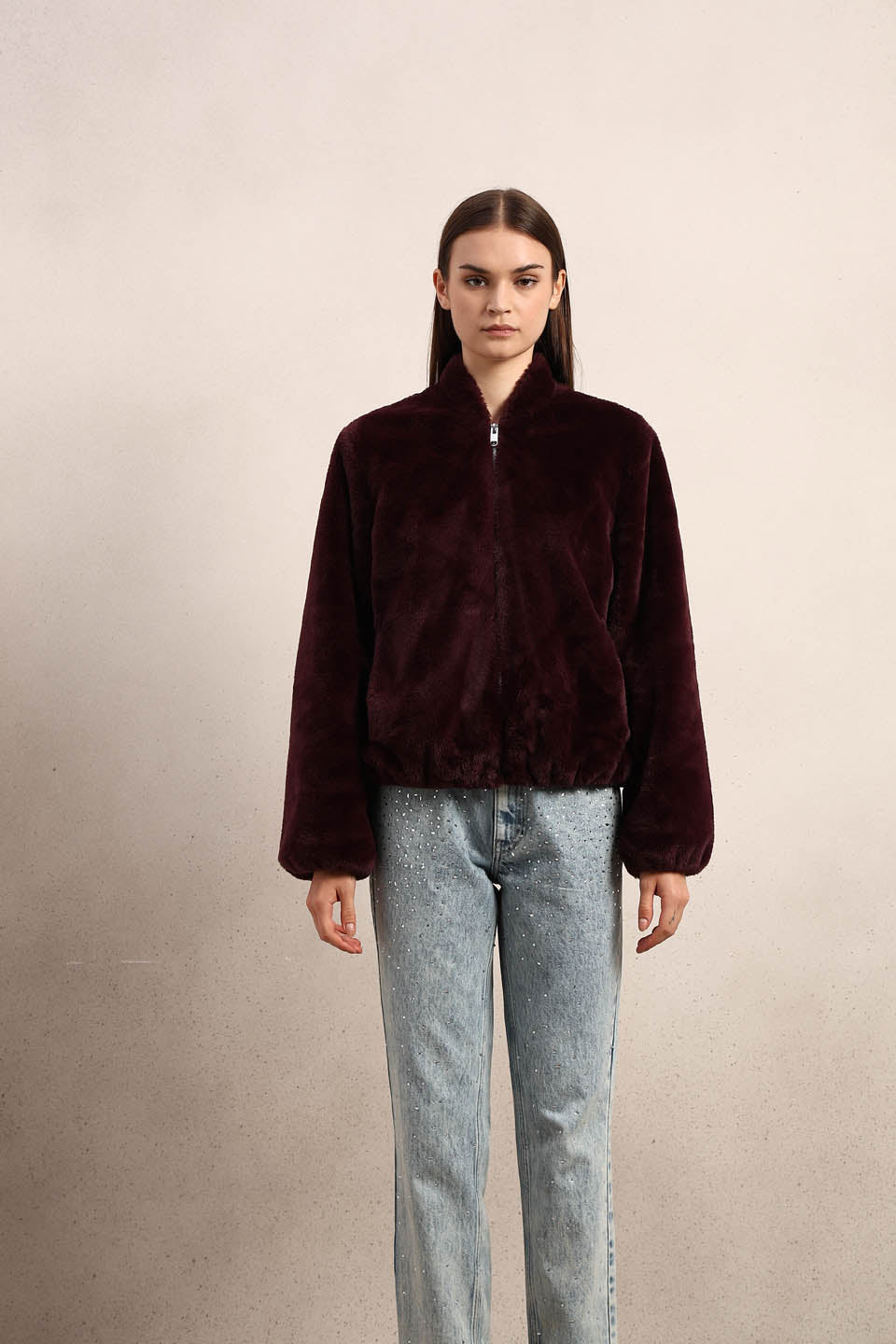 Maroon Faux Fur Short Jacket