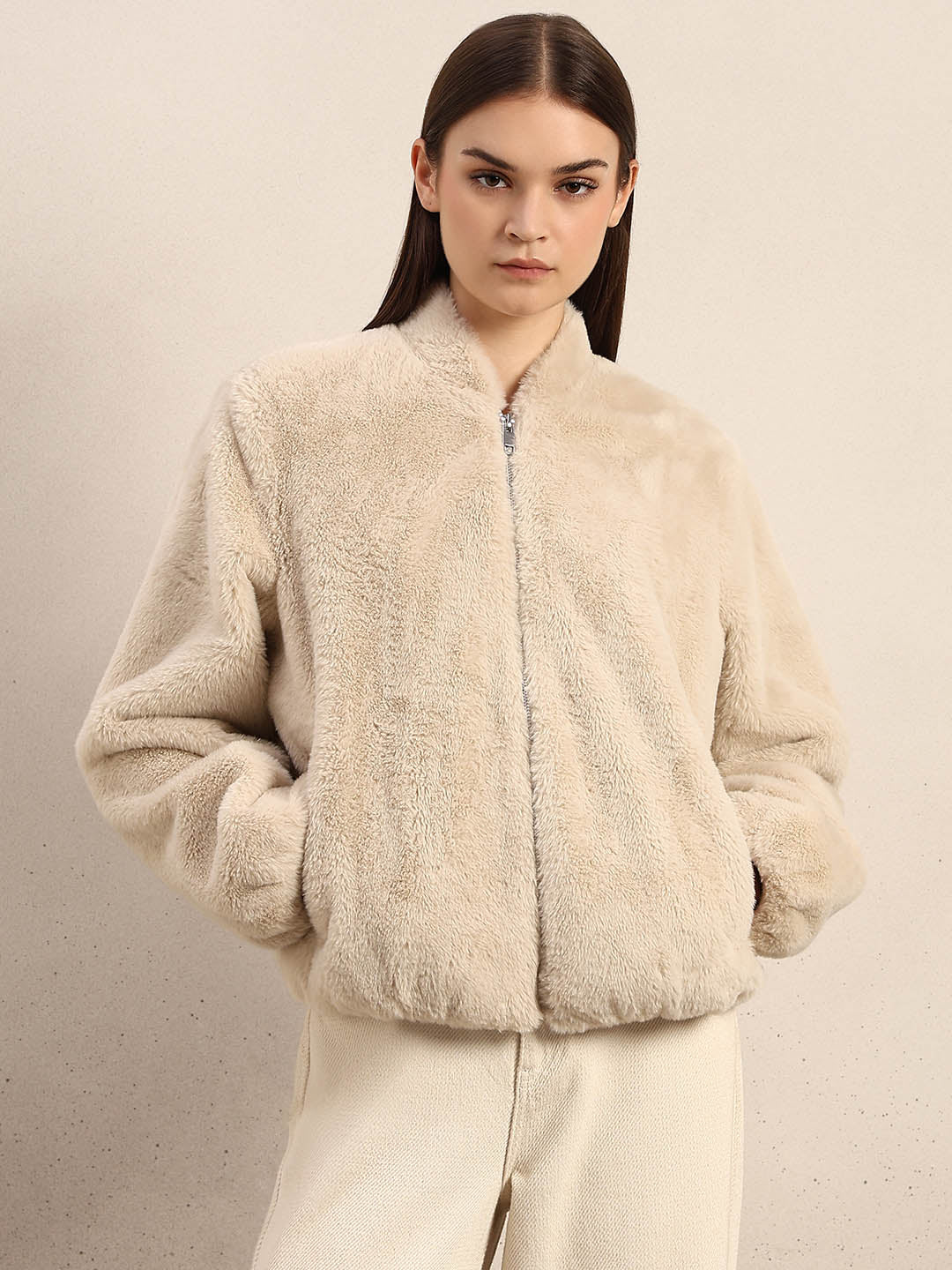 Beige Faux Fur Short Jacket