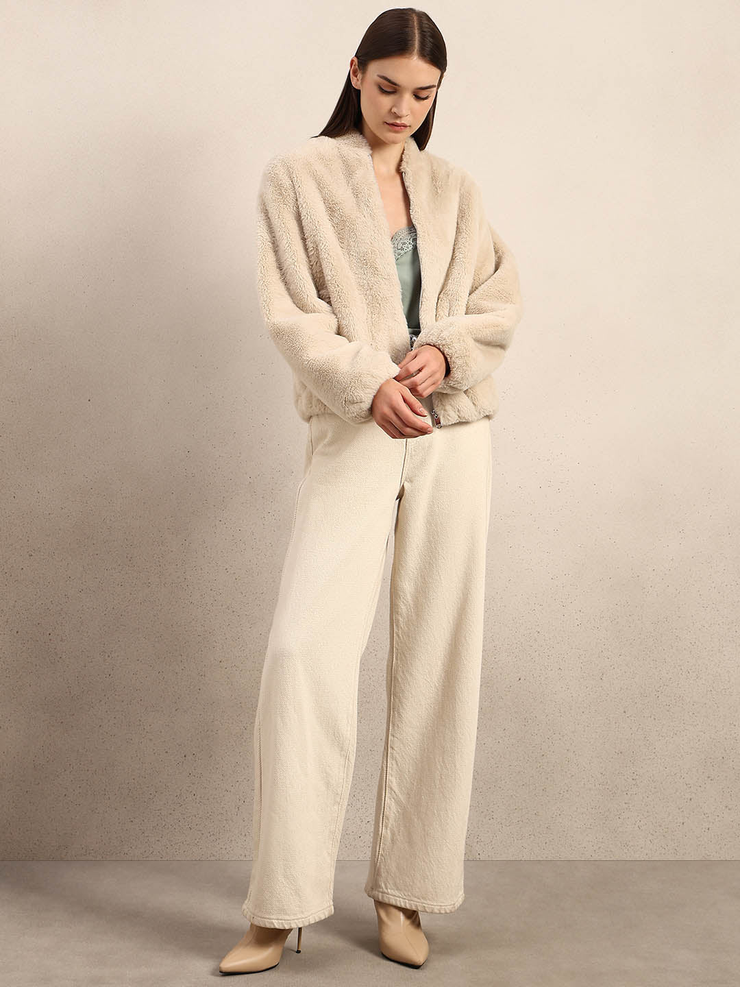 Beige Faux Fur Short Jacket
