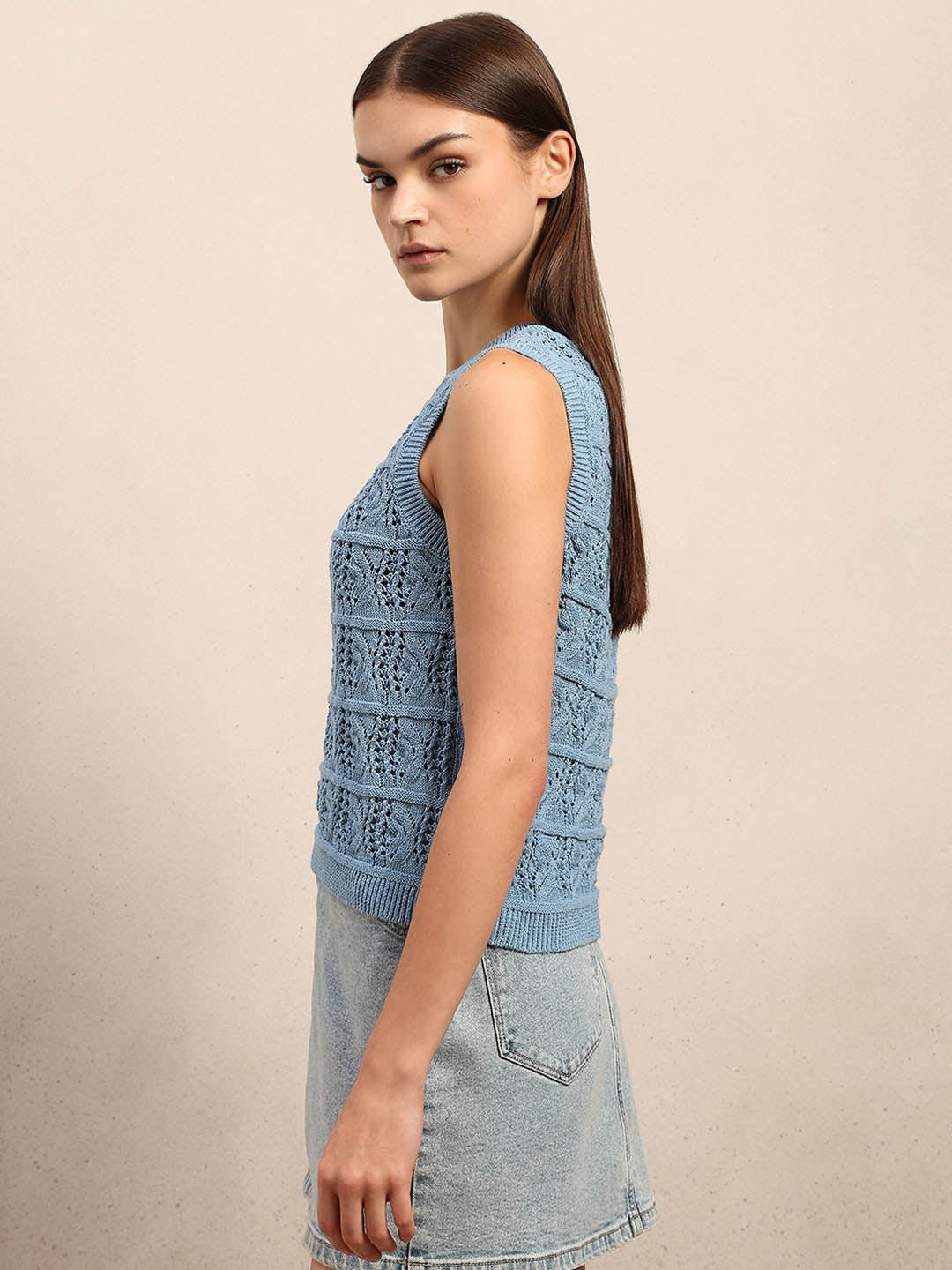 O-Neck Knitted Sleeveless Pullover - Blue