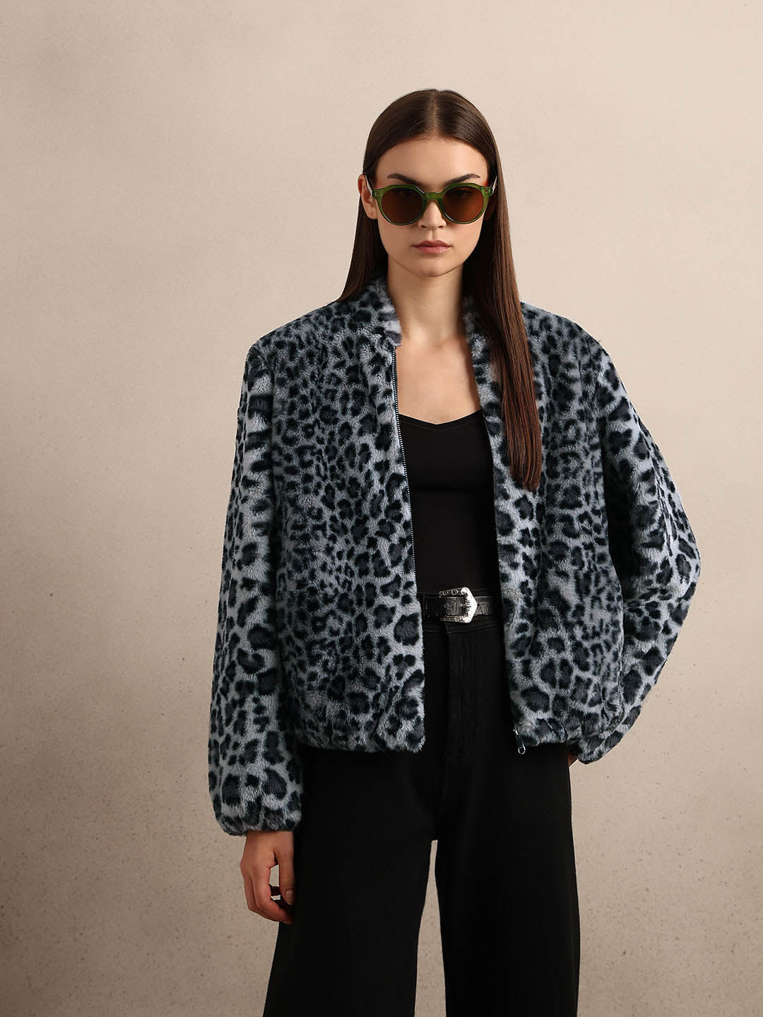 Leopard Print Fleece Jacket - Grey - XS