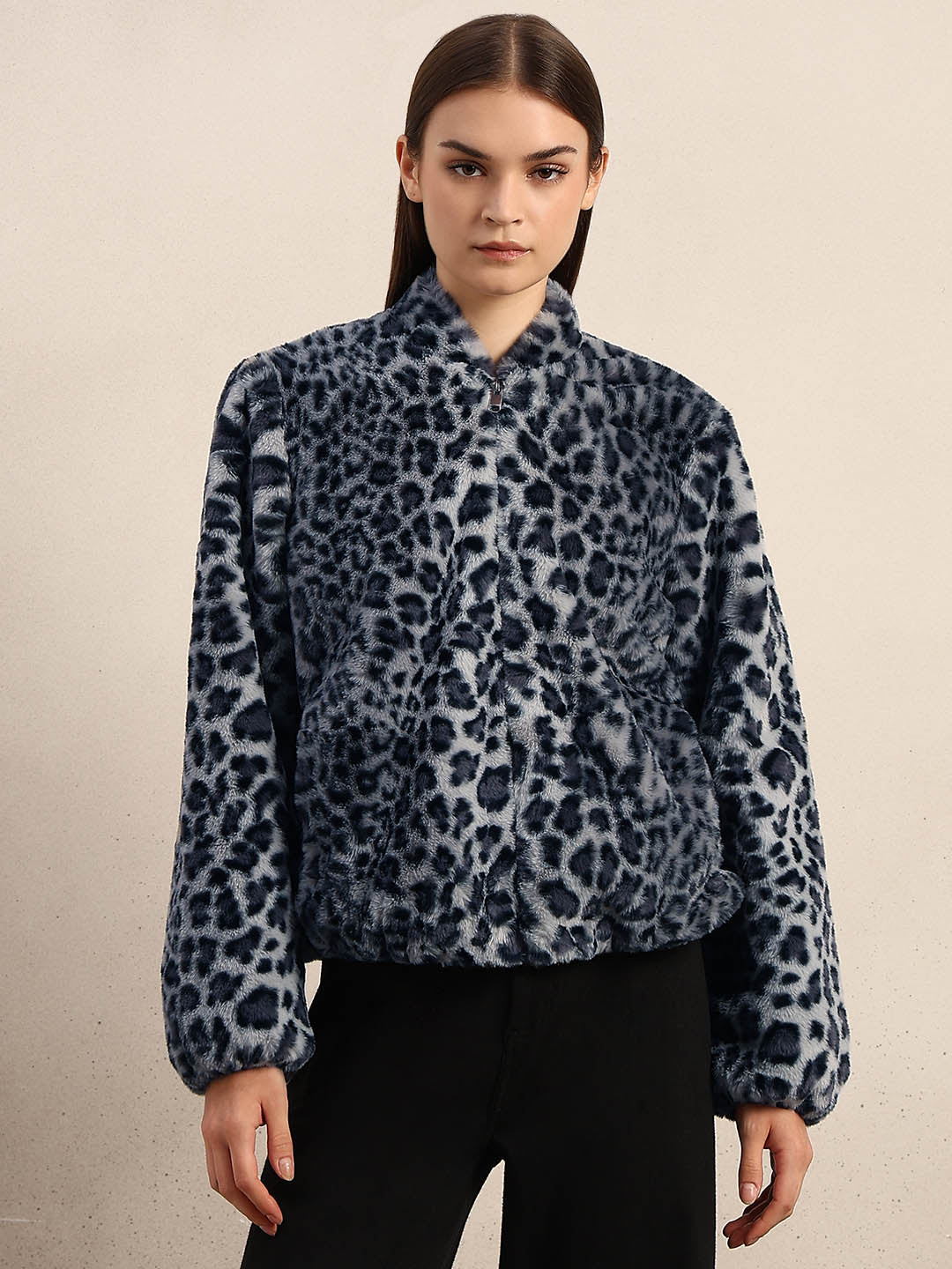 Leopard Print Fleece Jacket - Grey