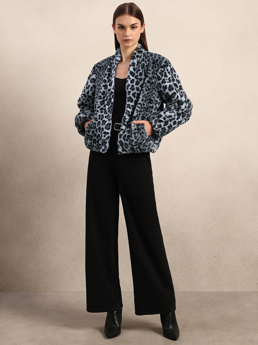 Leopard Print Fleece Jacket - Grey