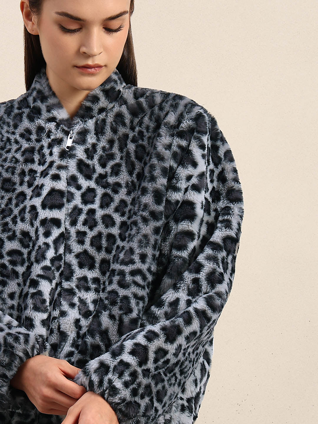 Leopard Print Fleece Jacket - Grey