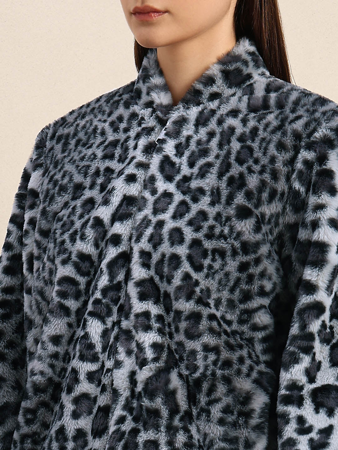 Leopard Print Fleece Jacket - Grey
